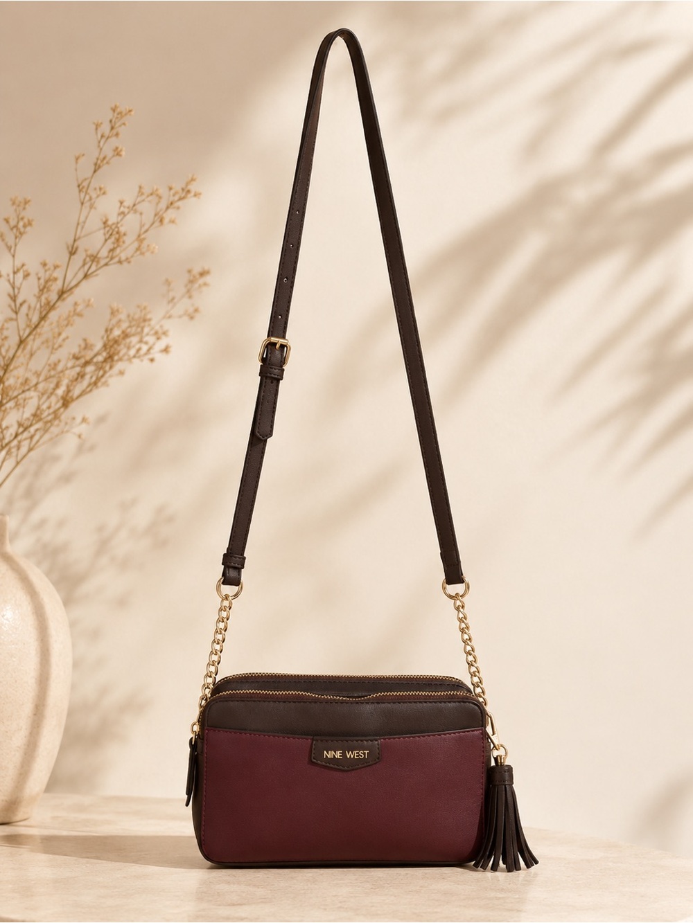 Nine West Burgundy Camera Crossbody Bag Tassel Double Zip Organizer Purse